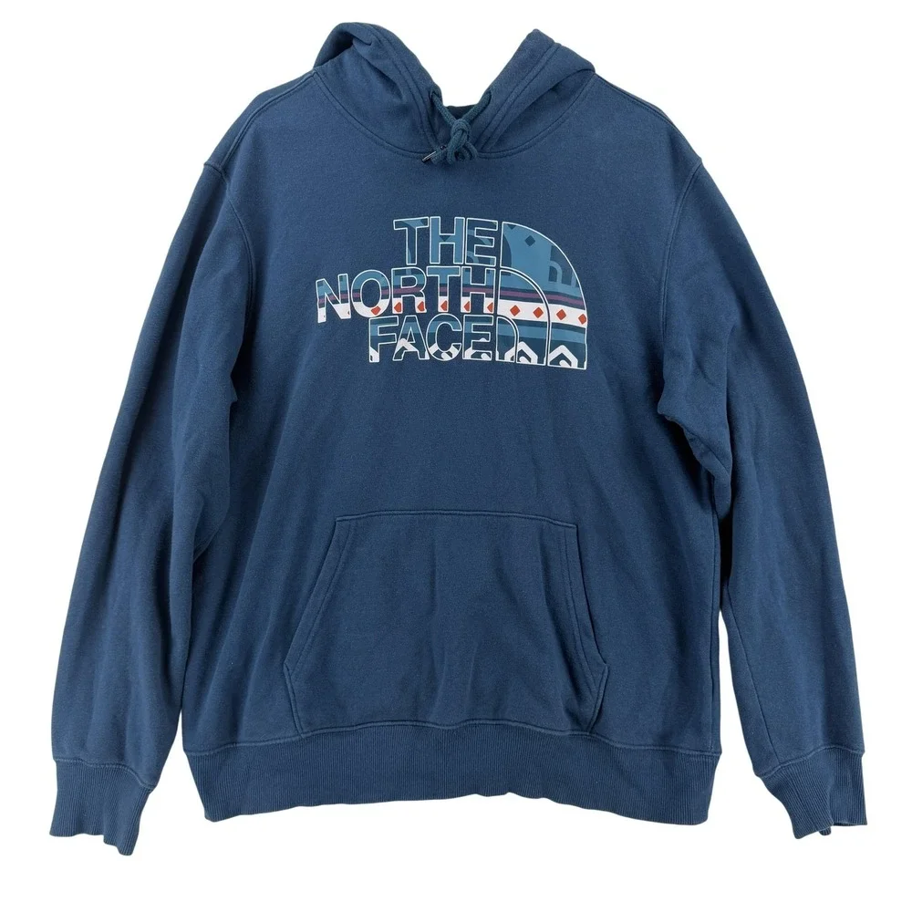 The‎ North Face Hoodie Mens Large Blue Aztec Logo Pullover Fleece Sweatshirt